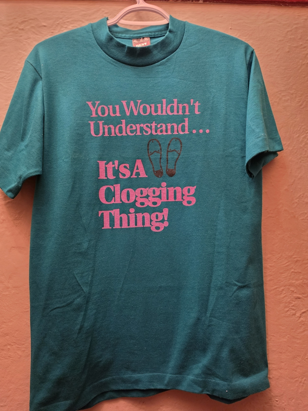 Vintage 80s/90s Single Stitch Clogging Thing Tee M Teal Pink Dance Shirt - Picture 10 of 11